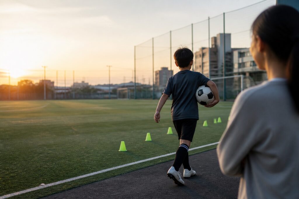 相談で整理した次の練習へ向かう小学生サッカー選手と見守る保護者