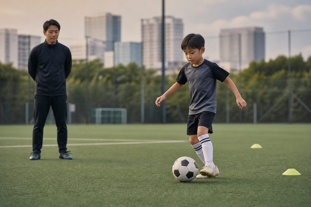 東京のサッカー場でボールコントロールを確認する小学生と見守るコーチ