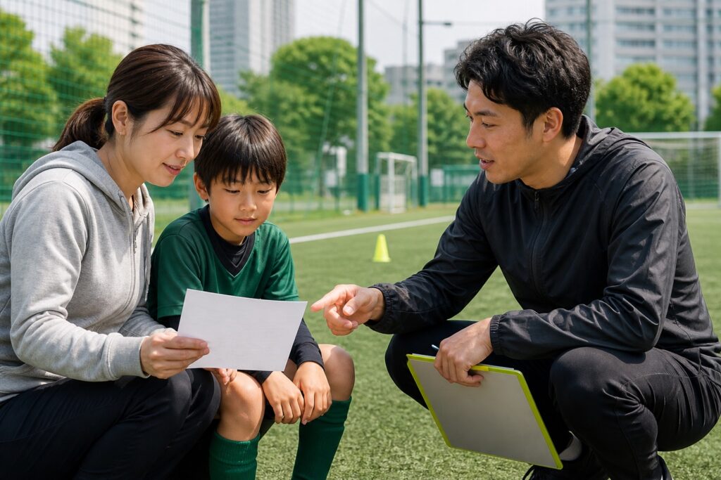 サッカーの相談テーマを保護者と子どもとコーチで整理する様子