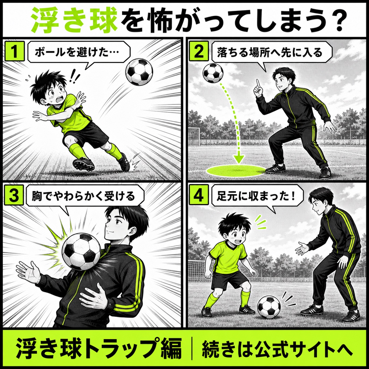 サッカーの浮き球が怖い悩みと改善の基本を4コマで描いた浮き球トラップ編のサッカー漫画