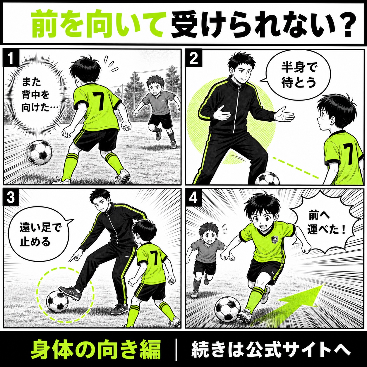 前を向いてボールを受けられない悩みと改善の基本を4コマで描いた身体の向き編のサッカー漫画