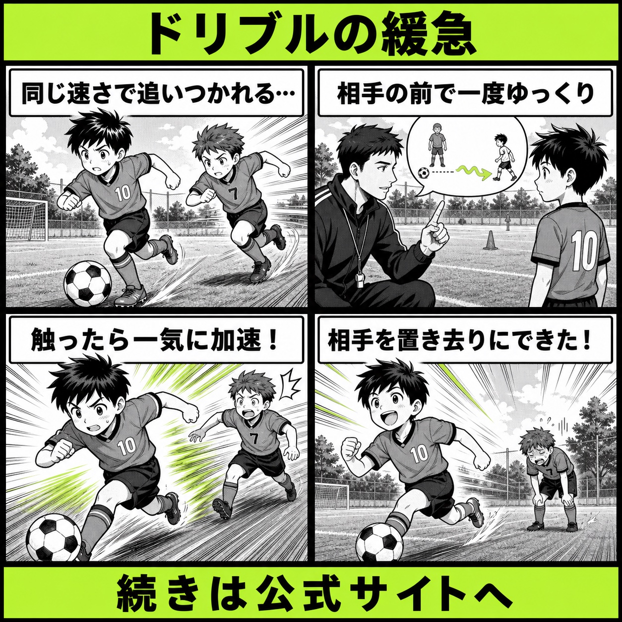 サッカーのドリブルで緩急がつかない悩みと改善の基本を4コマで描いたドリブル緩急編のサッカー漫画
