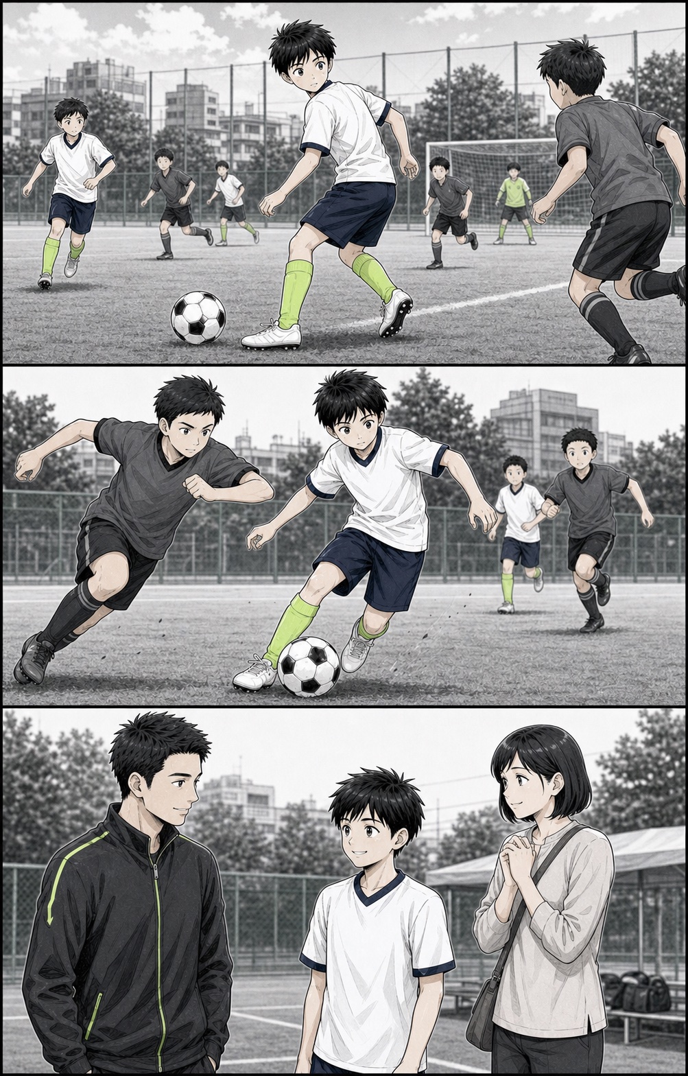 少年がボールを受ける前に周囲を確認し、自信を持ってプレーする姿を母親とコーチが見守る3コマ漫画