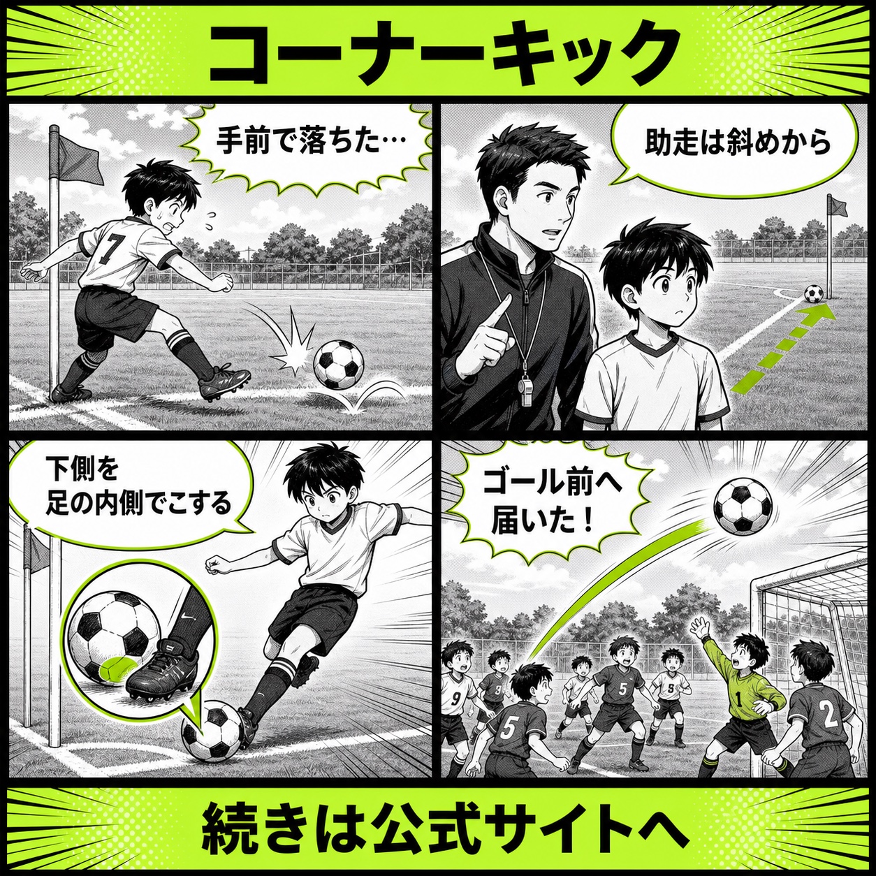サッカーのコーナーキックが届かない悩みと改善の基本を4コマで描いたコーナーキック編のサッカー漫画