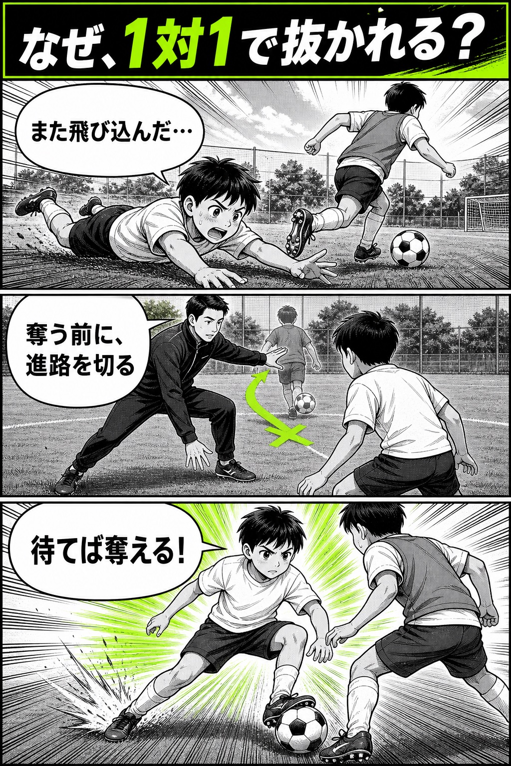 1対1で抜かれる原因を描いた3コマ漫画
