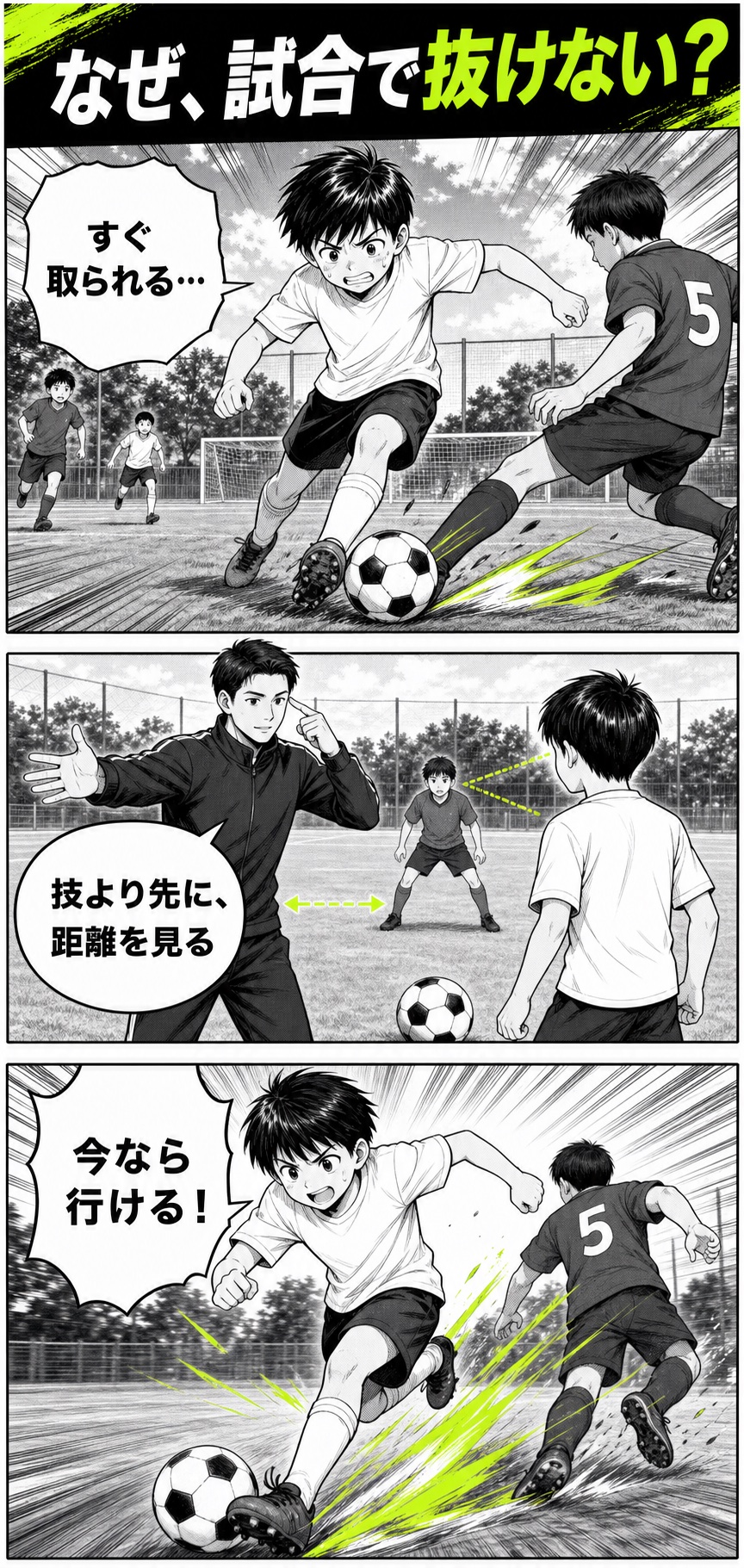 ドリブルで抜けない原因を描いた3コマ漫画