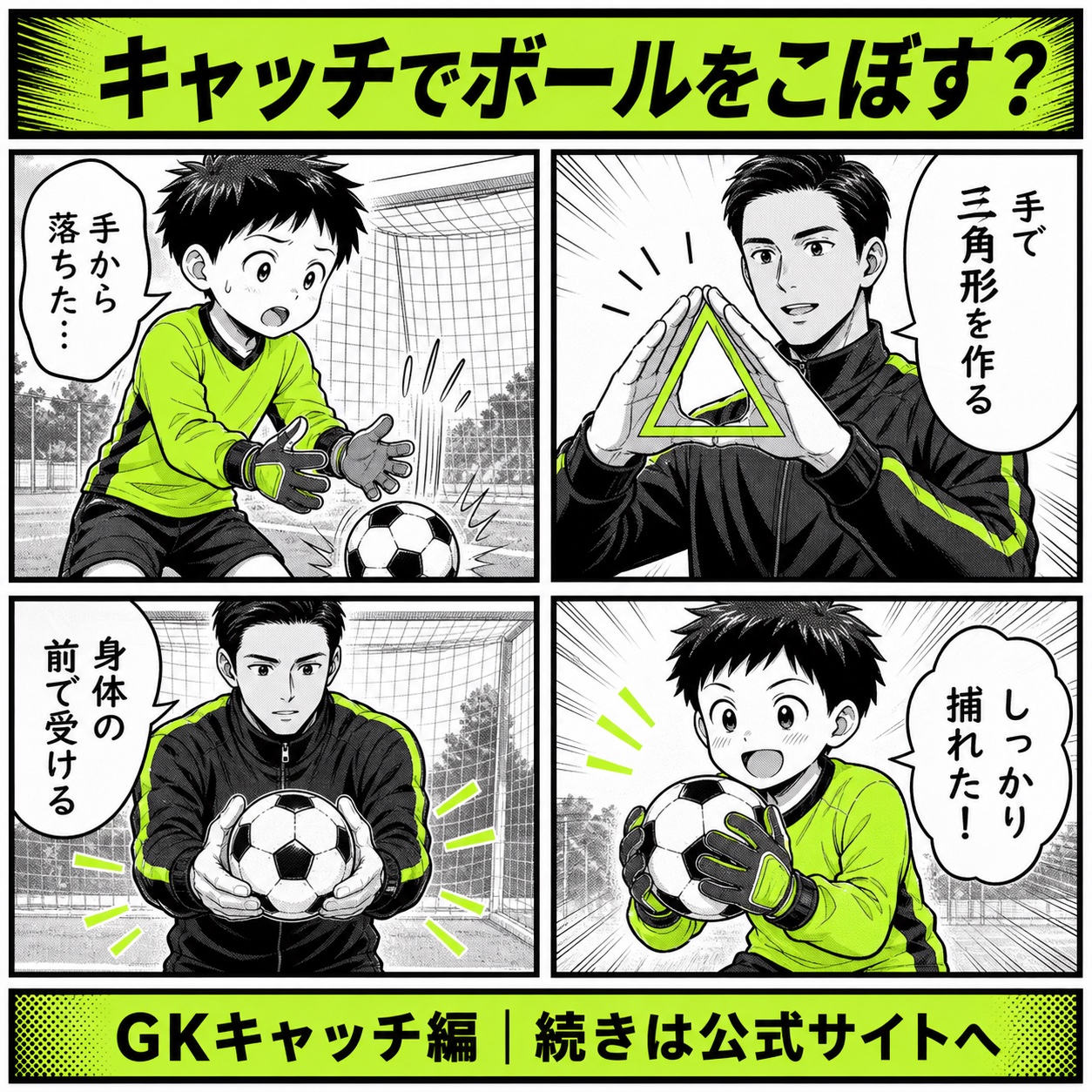 ゴールキーパーがキャッチをこぼす悩みと改善の基本を4コマで描いたGKキャッチ編のサッカー漫画