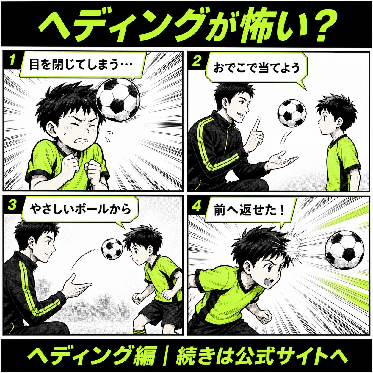サッカーのヘディングが怖い悩みと改善の基本を4コマで描いたヘディング編のサッカー漫画