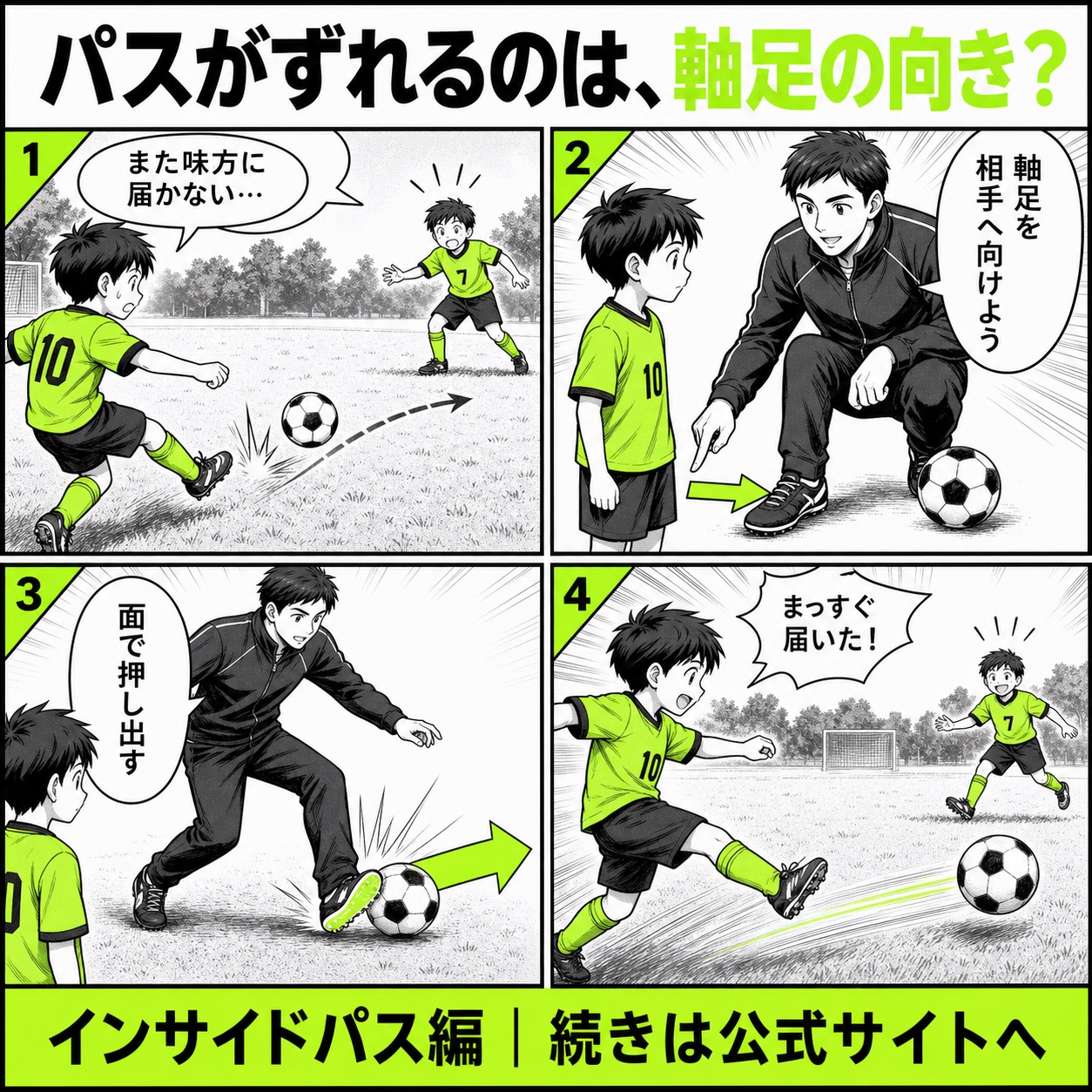 インサイドパスがずれる悩みと改善の基本を4コマで描いたインサイドパス編のサッカー漫画