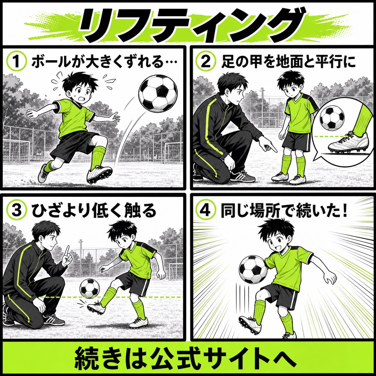 サッカーのリフティングが続かない悩みと改善の基本を4コマで描いたリフティング編のサッカー漫画