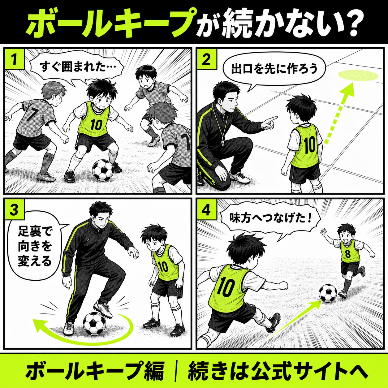 サッカーのボールキープが続かない悩みと改善の基本を4コマで描いたボールキープ編のサッカー漫画