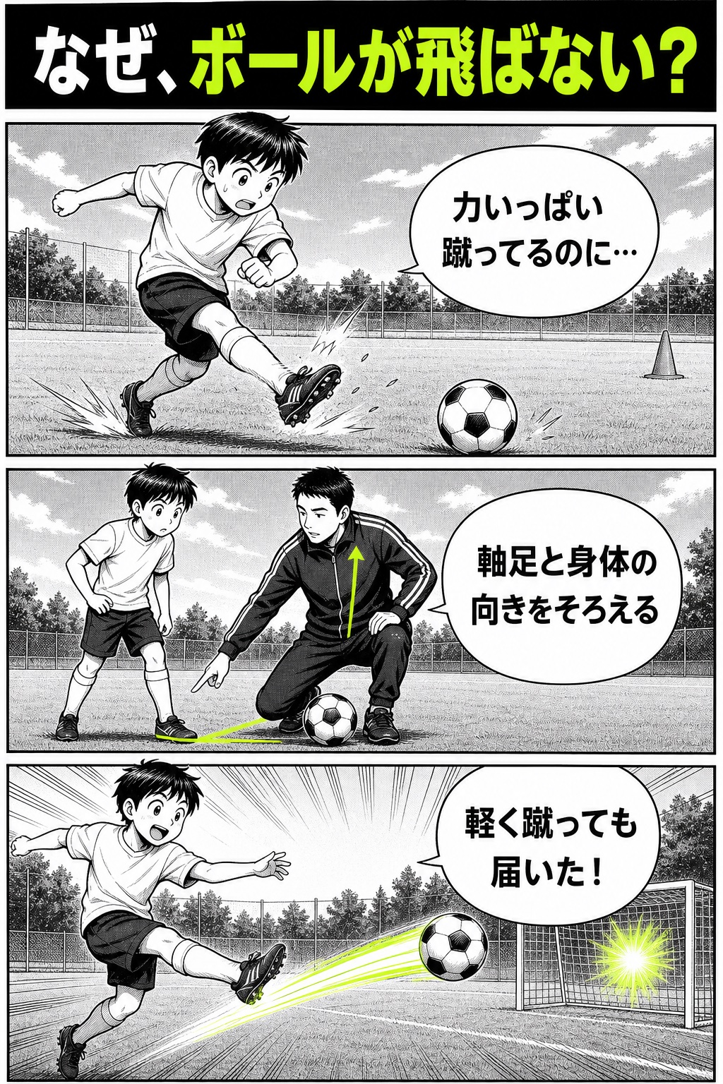 ボールが飛ばない原因を描いた3コマ漫画