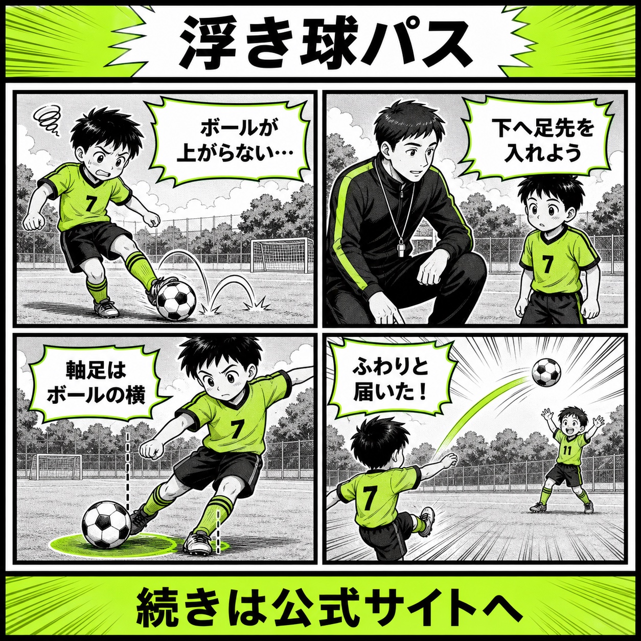 サッカーで浮き球のパスが上がらない悩みと改善の基本を4コマで描いた浮き球パス編のサッカー漫画