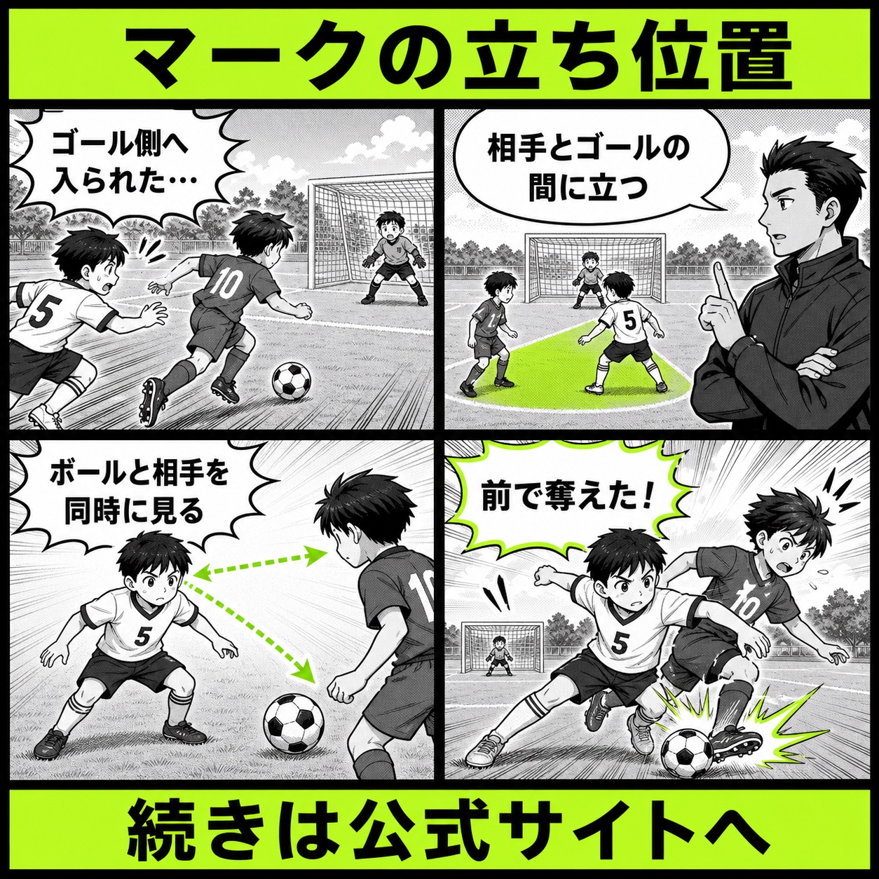 サッカーのマークの立ち位置が分からない悩みと改善の基本を4コマで描いたマークの立ち位置編のサッカー漫画