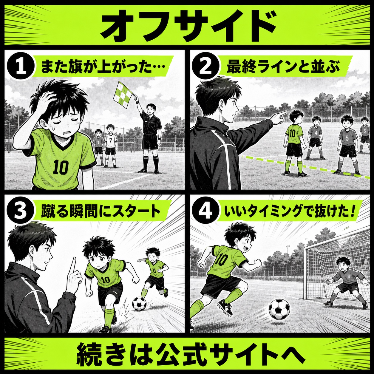 サッカーでオフサイドに何度もかかる悩みと改善の基本を4コマで描いたオフサイド編のサッカー漫画