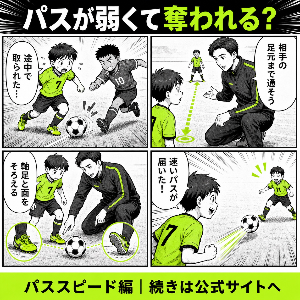 サッカーのパスが弱い悩みと改善の基本を4コマで描いたパススピード編のサッカー漫画
