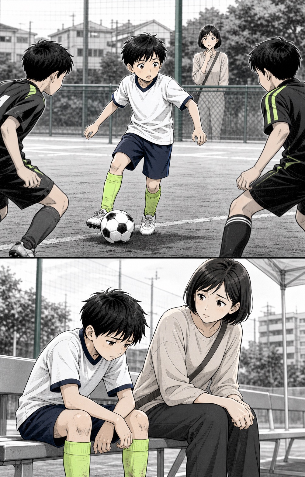 試合で動けず立ち止まる少年と、試合後に落ち込む少年を見守る母親の2コマ漫画