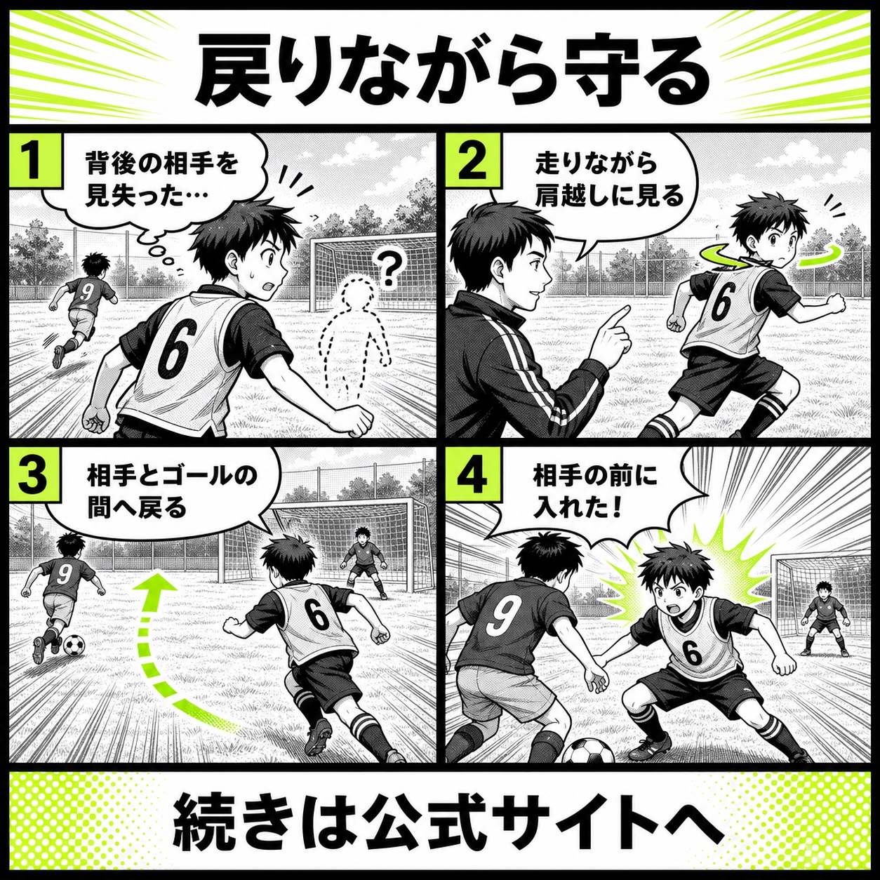 サッカーの守備で戻りながら相手を見失う悩みと改善の基本を4コマで描いた守備の戻り編のサッカー漫画