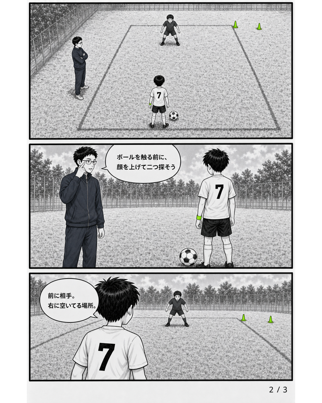 3日完結サッカー漫画第2話2ページ目。ソラが前の相手と右の空いた場所を同時に確認する場面