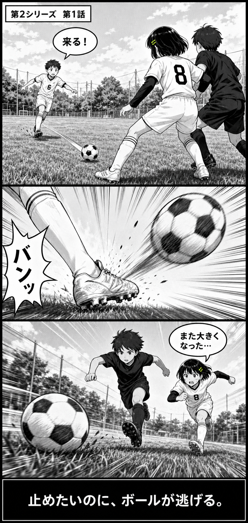 3日完結サッカー漫画第2シリーズ第1話1ページ目。8番のアオイがトラップを大きく弾いて相手に奪われる場面