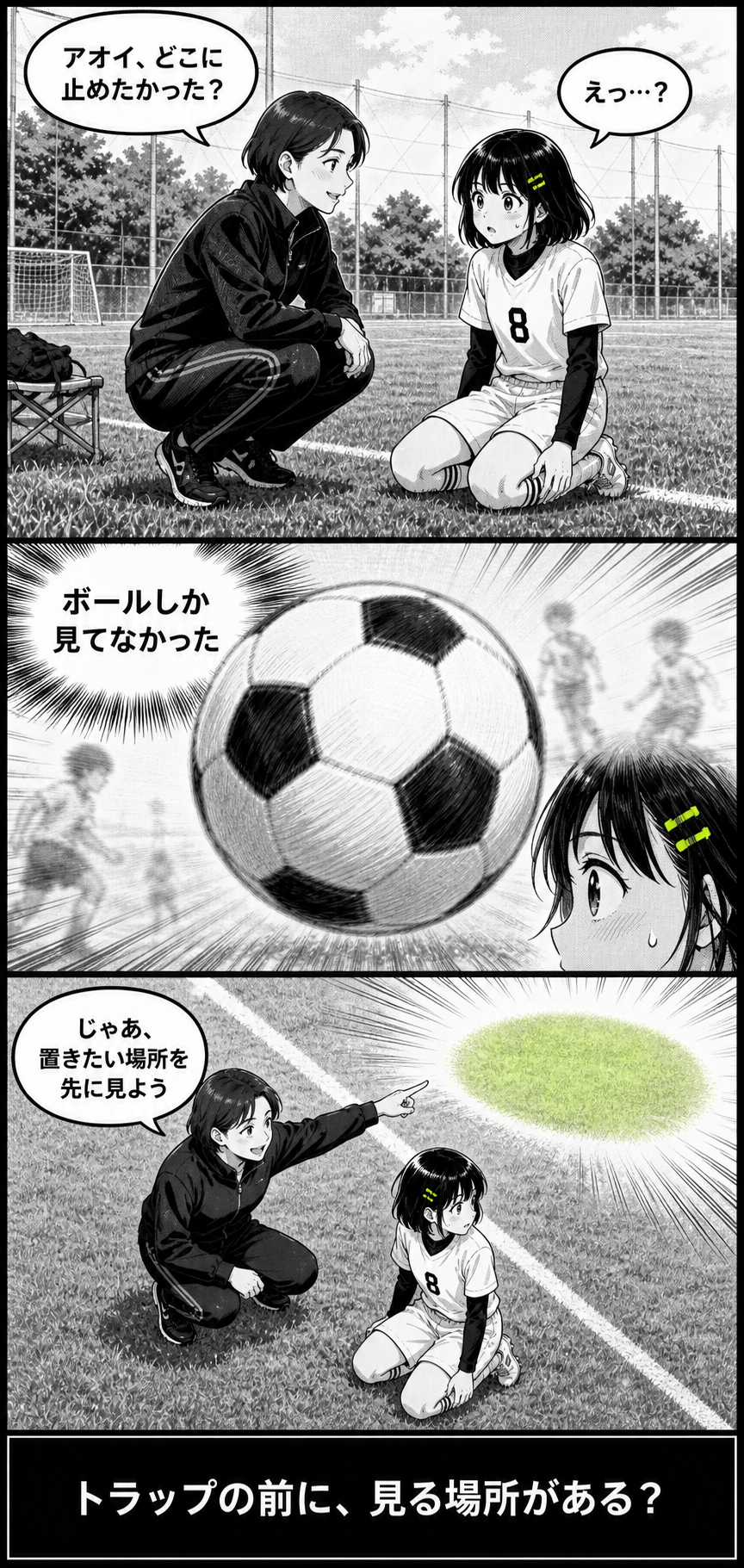 3日完結サッカー漫画第2シリーズ第1話2ページ目。担当コーチがアオイにボールを置きたい場所を尋ねる場面