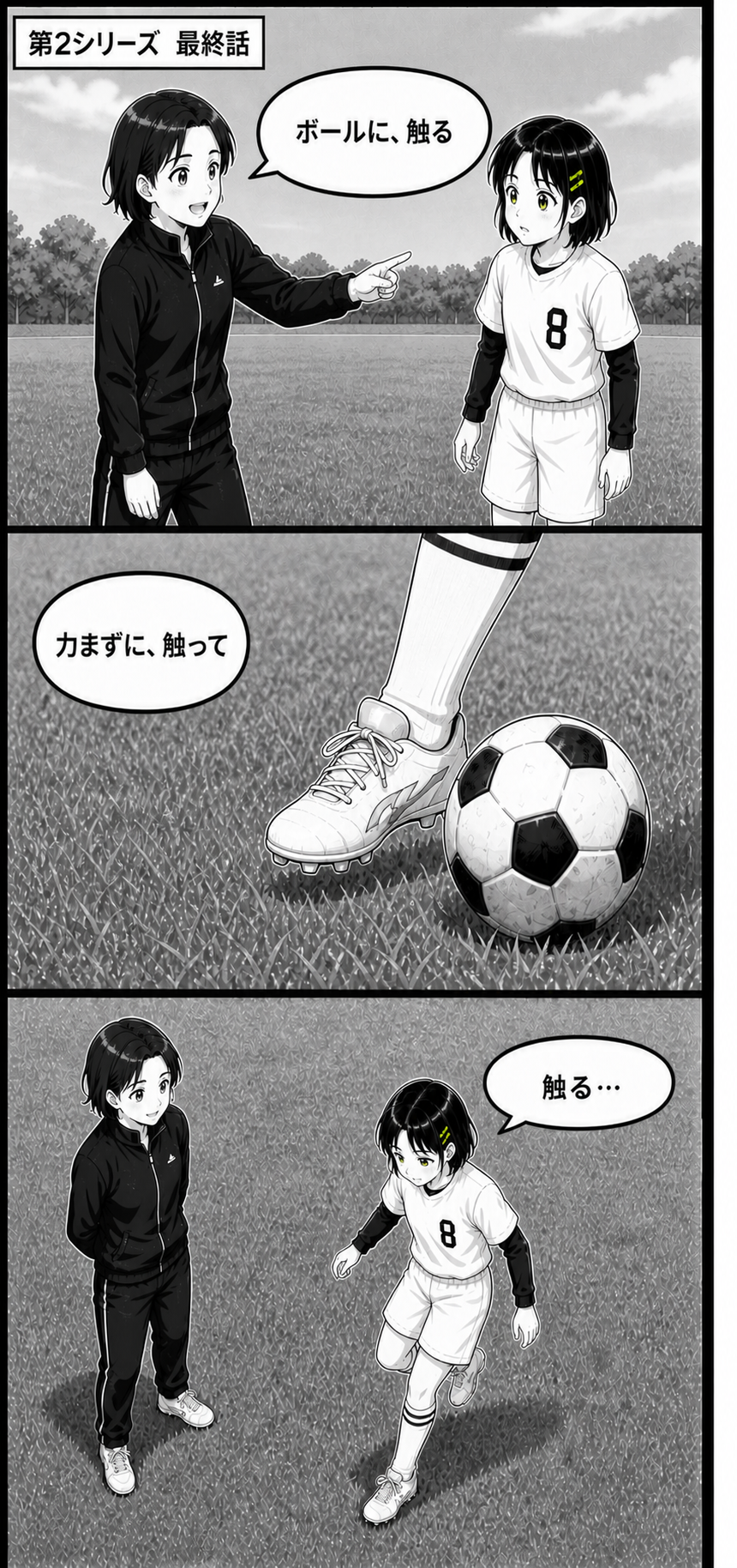 3日完結サッカー漫画第2シリーズ最終話1ページ目。担当コーチがアオイにボールへ触ることを伝える場面