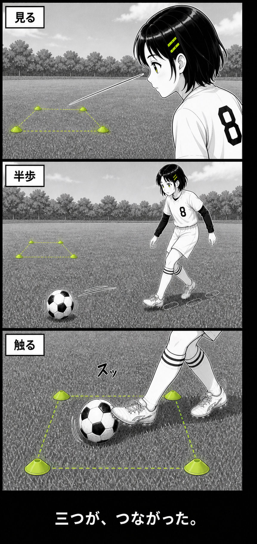 3日完結サッカー漫画第2シリーズ最終話2ページ目。アオイが見る、半歩、触るをつなげて四角内へ止める場面