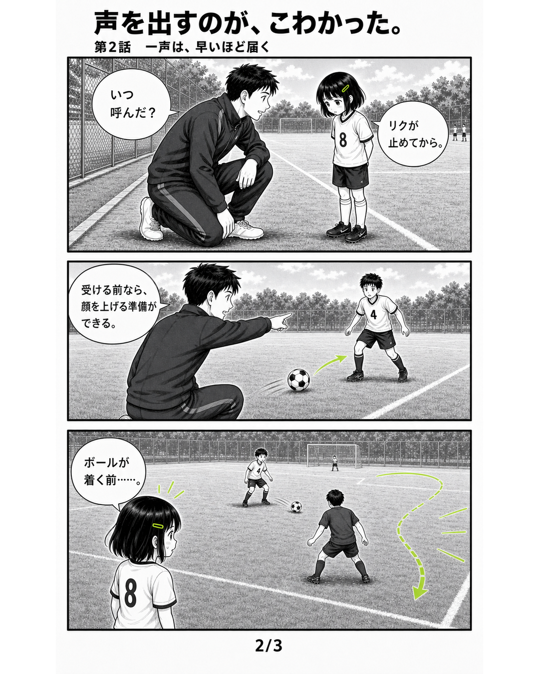 3日完結サッカー漫画第3シリーズ第2話2ページ目。担当コーチが味方の足元へボールが着く前に呼ぶことを説明する場面