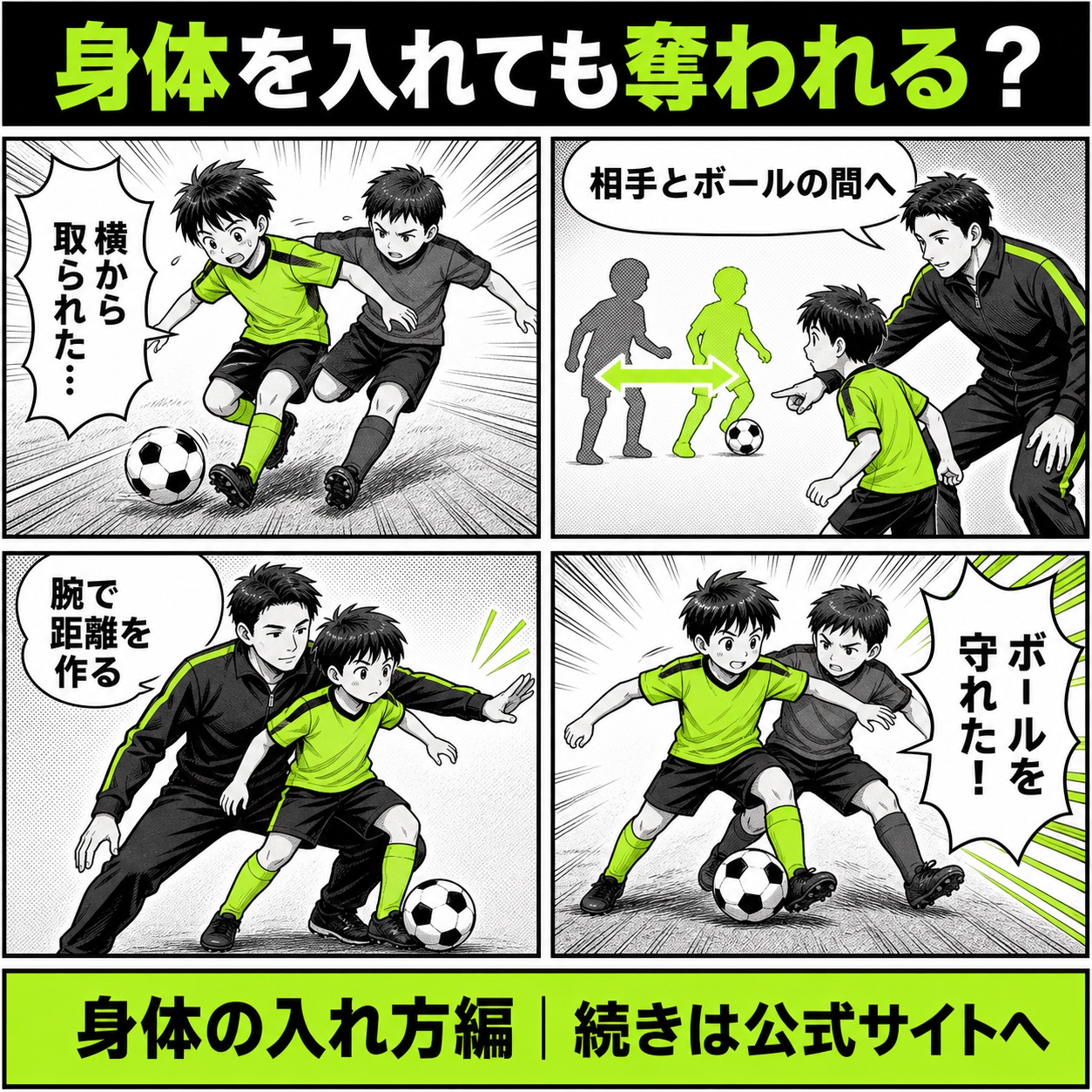 サッカーで身体を入れても奪われる悩みと改善の基本を4コマで描いた身体の入れ方編のサッカー漫画