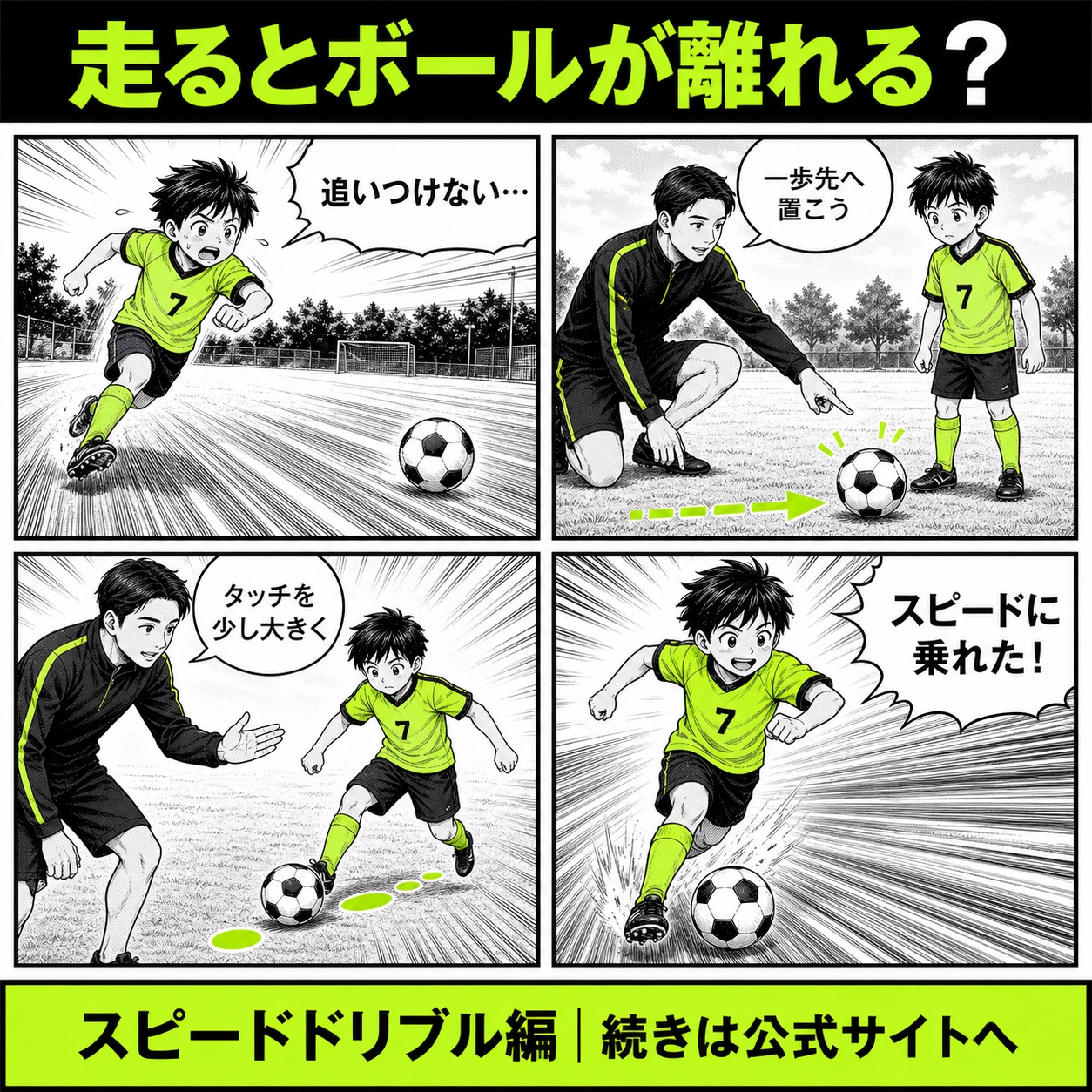 スピードドリブルでボールが離れる悩みと改善の基本を4コマで描いたスピードドリブル編のサッカー漫画