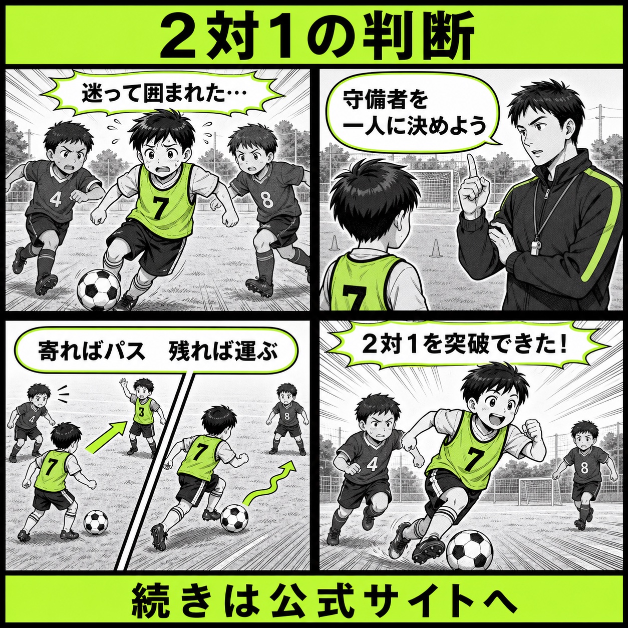 サッカーの2対1で判断に迷う悩みと改善の基本を4コマで描いた2対1編のサッカー漫画