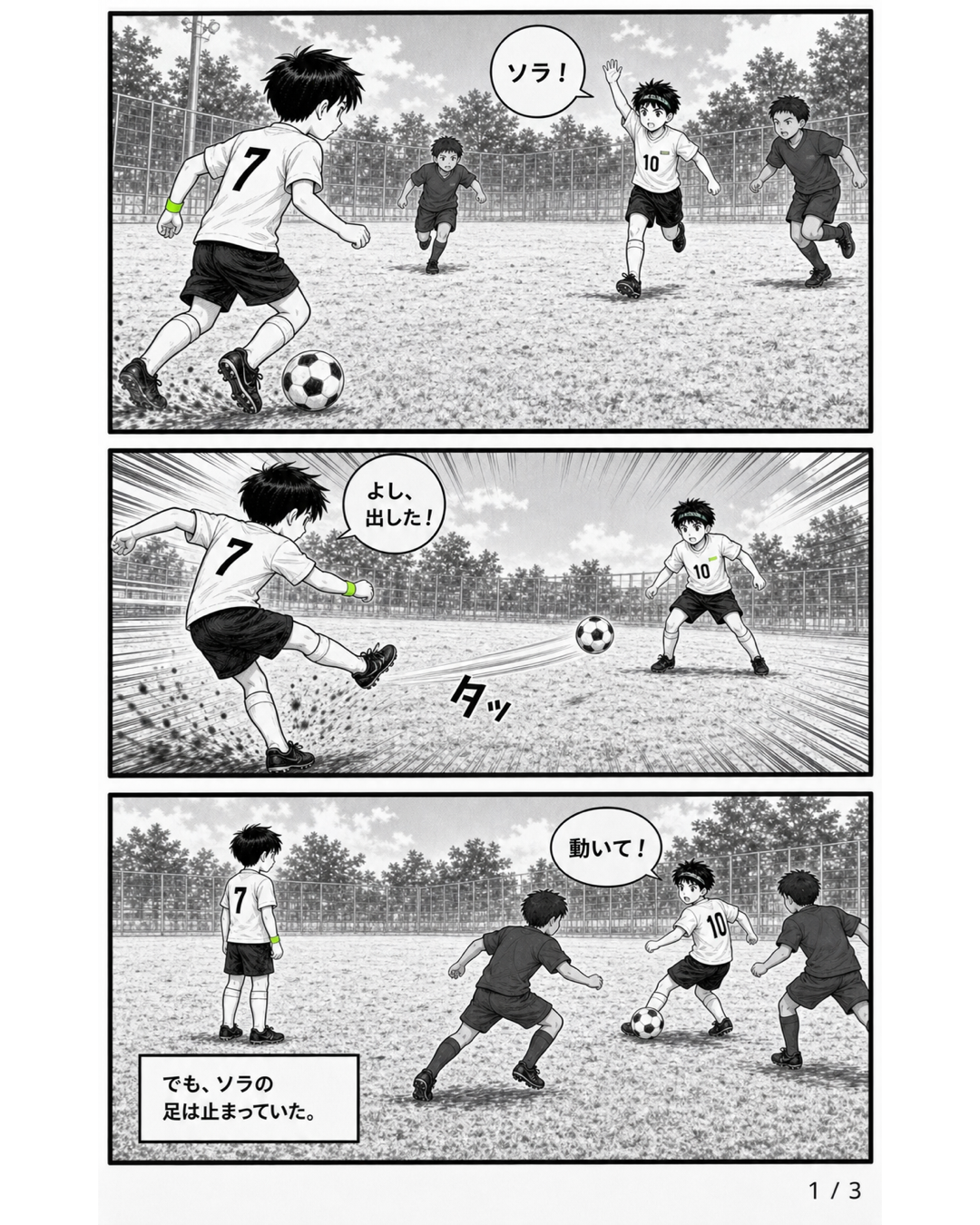 3日完結サッカー漫画第1話1ページ目。7番のソラが10番のレンへパスした後、その場で足を止めてしまう場面