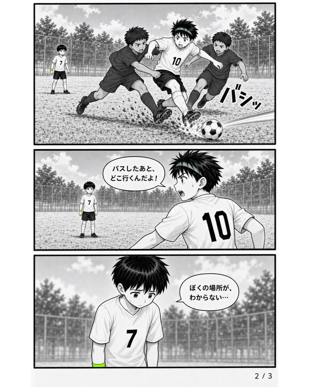 3日完結サッカー漫画第1話2ページ目。サポートがなく囲まれたレンがボールを失い、ソラが自分の場所に迷う場面