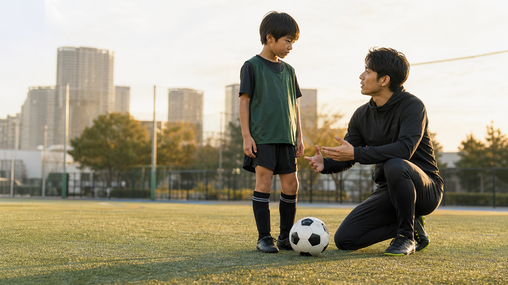 東京のグラウンドで子どもに目線を合わせて説明するサッカー個人レッスンのコーチ