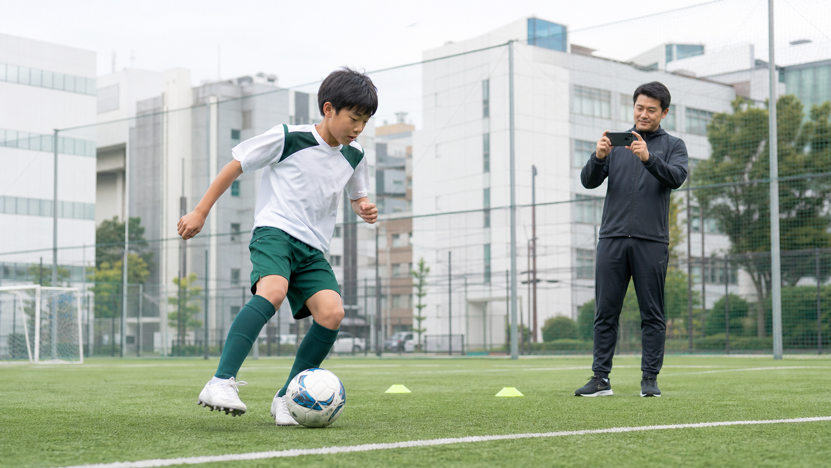 東京のサッカー個人レッスンで選手のボールコントロールを短く撮影するコーチ