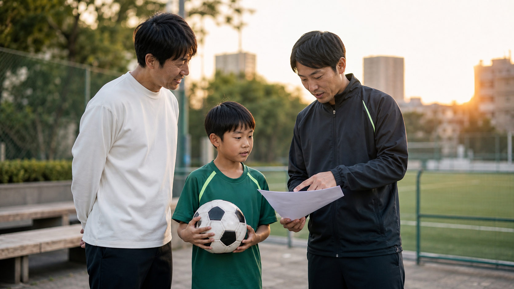 サッカー個人レッスン後に保護者と子どもへ振り返りを説明するコーチ
